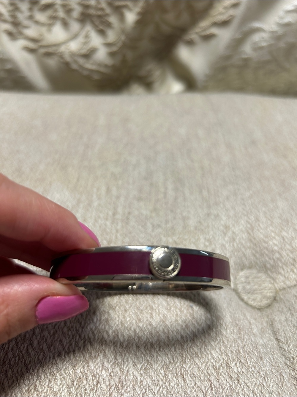 Coach Magenta Enamel Hinged Bangle with Silver-Tone Logo Accent
